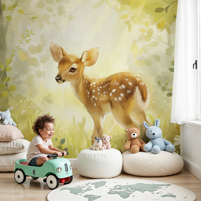 Papier peint chambre bébé | Faon curieux dans une clairière enchantée baignée de lumière