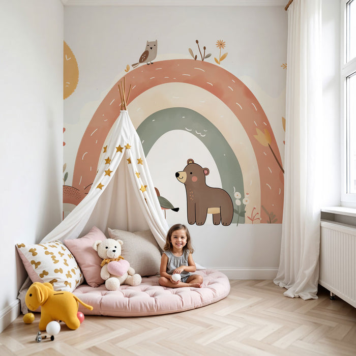 Papier peint chambre bébé | Forêt joyeuse et arc-en-ciel pastel peuplés d’animaux câlins