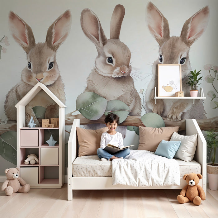 Papier peint chambre bébé | Trois petits lapins sur leur branche au milieu des feuillages tendres