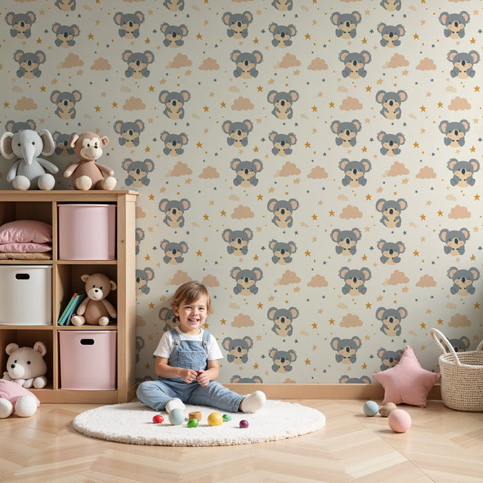 Papier peint chambre enfant à motifs | Adorables koalas entourés de nuages et d'étoiles