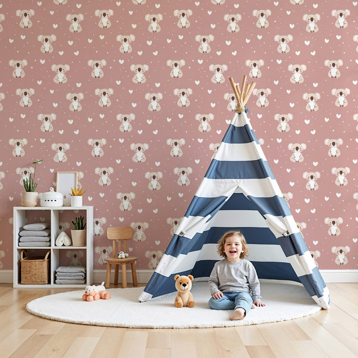 Papier peint chambre enfant à motifs | Adorables koalas sur fond rose