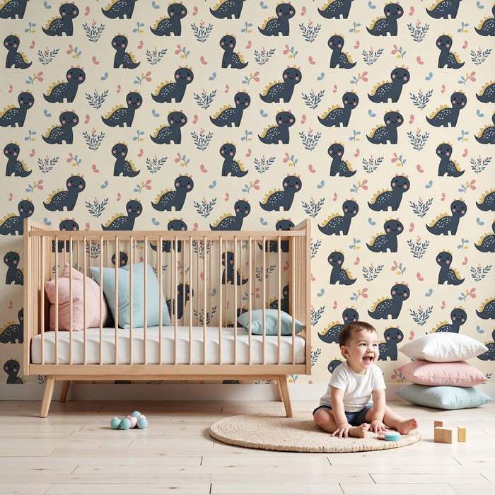 Papier peint chambre enfant à motifs | Adorables petits dinosaures et feuillages colorés