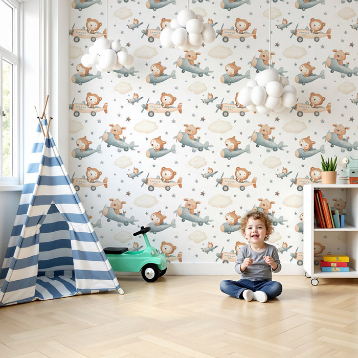 Papier peint chambre enfant à motifs | Animaux voyageant en avion