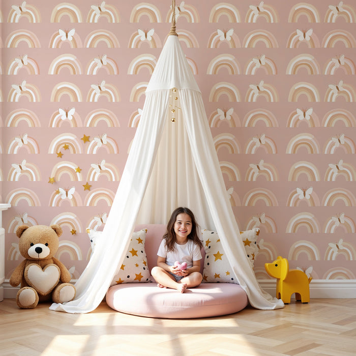 Papier peint chambre enfant à motifs | Arc-en-ciel doux et papillons délicats