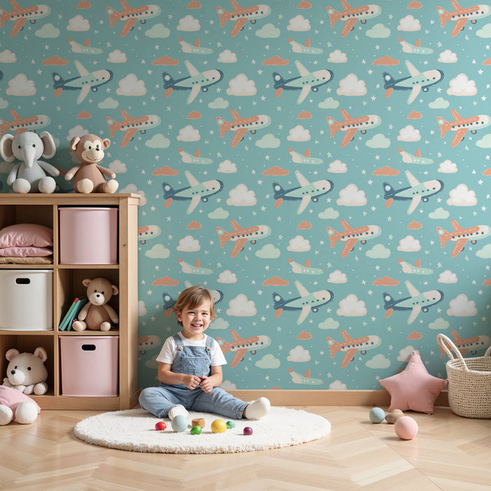 Papier peint chambre enfant à motifs | Avions colorés dans un ciel lumineux