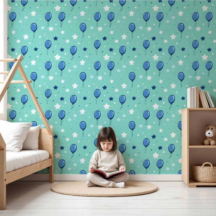 Papier peint chambre enfant à motifs | Ballons bleus et étoiles scintillantes