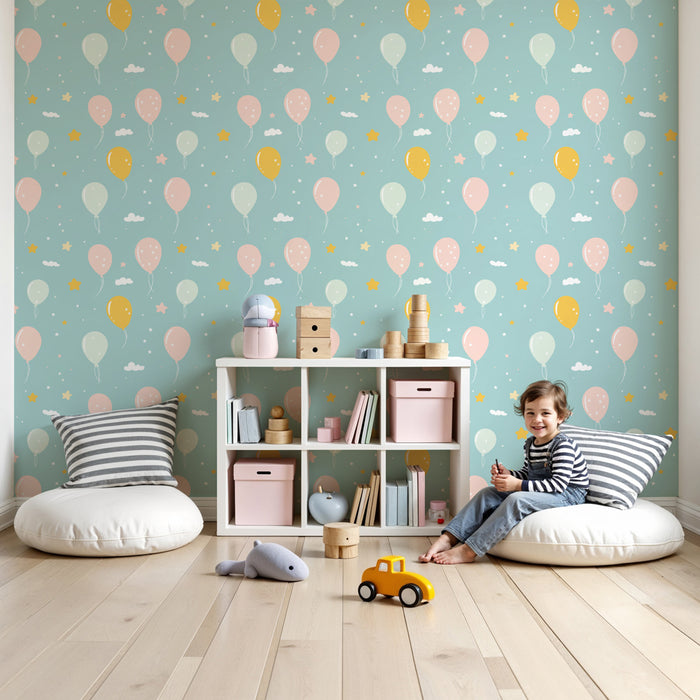 Papier peint chambre enfant à motifs | Ballons colorés et nuages doux