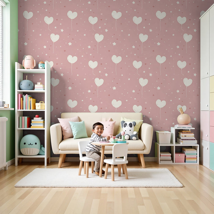 Papier peint chambre enfant à motifs | Ballons en forme de cœur sur fond rose