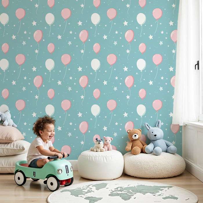 Papier peint chambre enfant à motifs | Ballons roses et blancs sur fond bleu