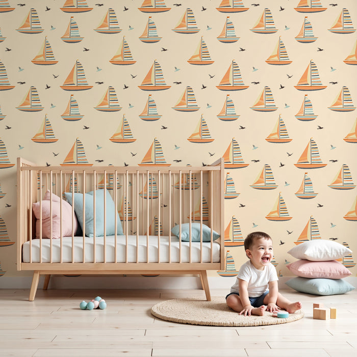 Papier peint chambre enfant à motifs | Bateaux à voiles colorés sur fond doux