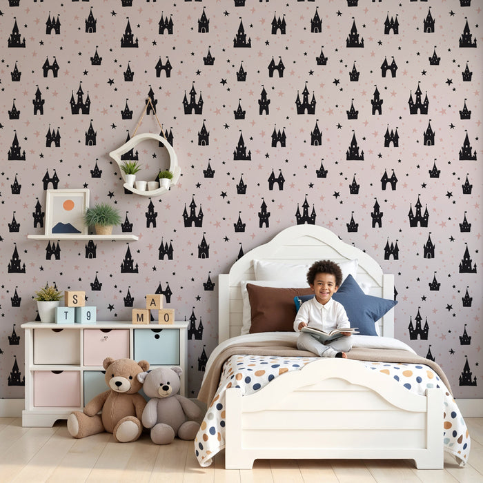 Papier peint chambre enfant à motifs | Châteaux et étoiles sur fond rose