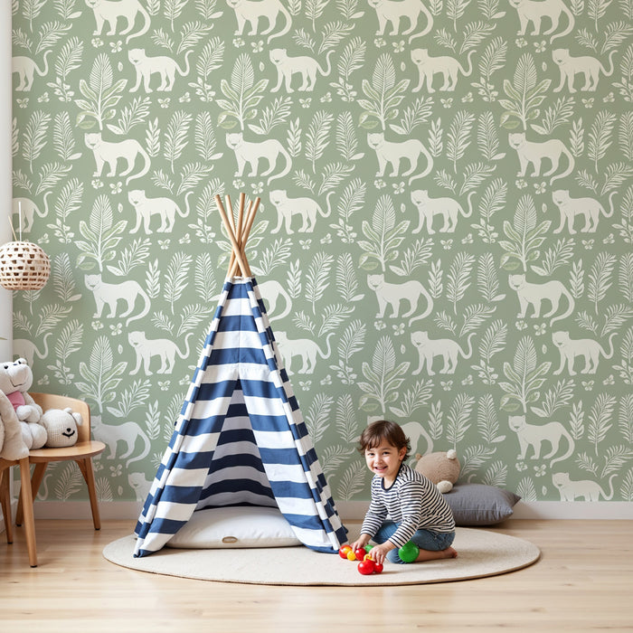 Papier peint chambre enfant à motifs | Chats et feuillage sur fond vert pâle