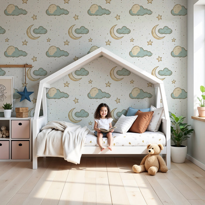 Papier peint chambre enfant à motifs | Ciel étoilé avec nuages et lunes