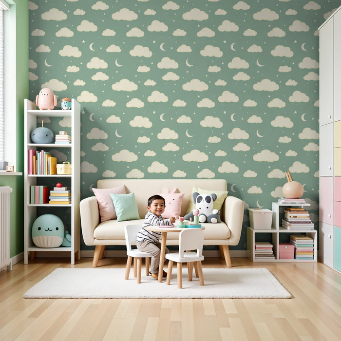 Papier peint chambre enfant à motifs | Doux nuages et croissants de lune sur fond vert