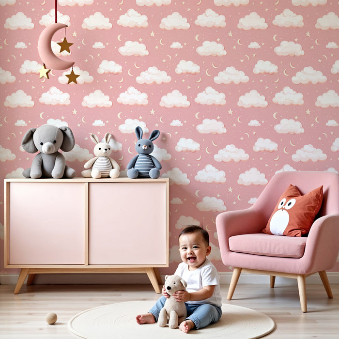 Papier peint chambre enfant à motifs | Doux nuages et étoiles sur fond rose