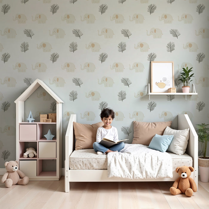 Papier peint chambre enfant à motifs | Élégants éléphants et feuillages doux