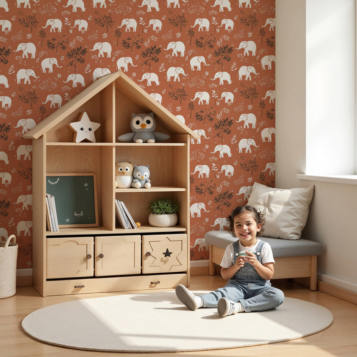 Papier peint chambre enfant à motifs | Éléphants joyeux dans un jardin floral