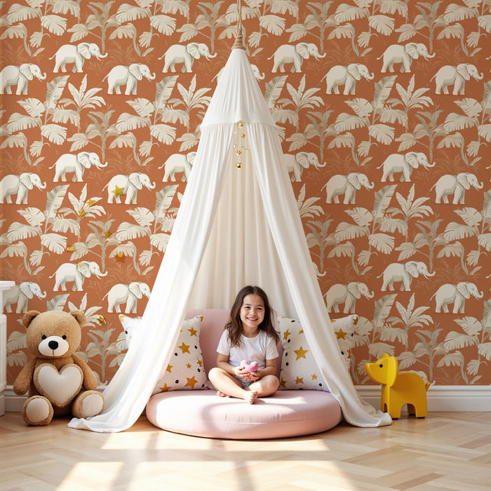 Papier peint chambre enfant à motifs | Eléphants ludiques au milieu des feuilles tropicales