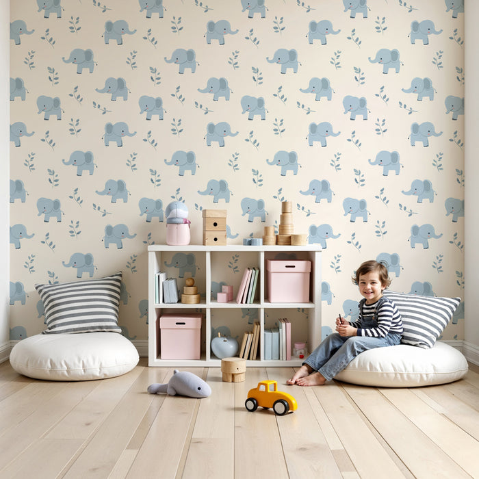Papier peint chambre enfant à motifs | Éléphants mignons sur un fond doux