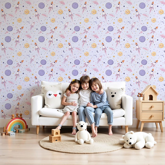 Papier peint chambre enfant à motifs | Exploration spatiale avec fusées et planètes