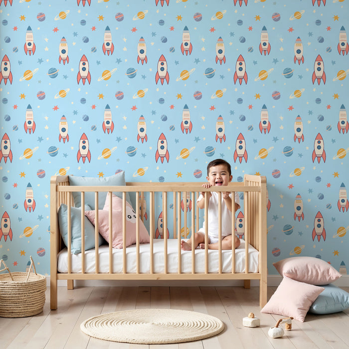 Papier peint chambre enfant à motifs | Fusées colorées et planètes sur fond bleu