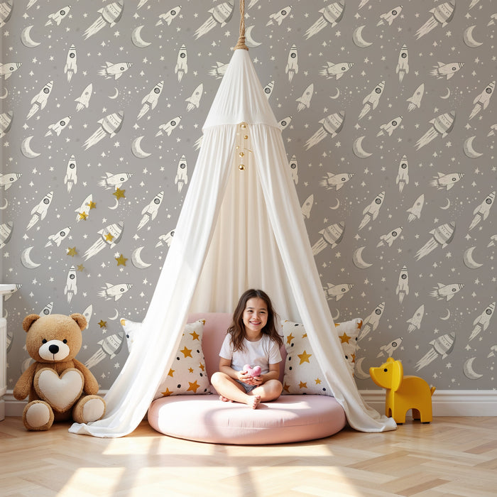 Papier peint chambre enfant à motifs | Fusées et lunes dans un cosmos étoilé