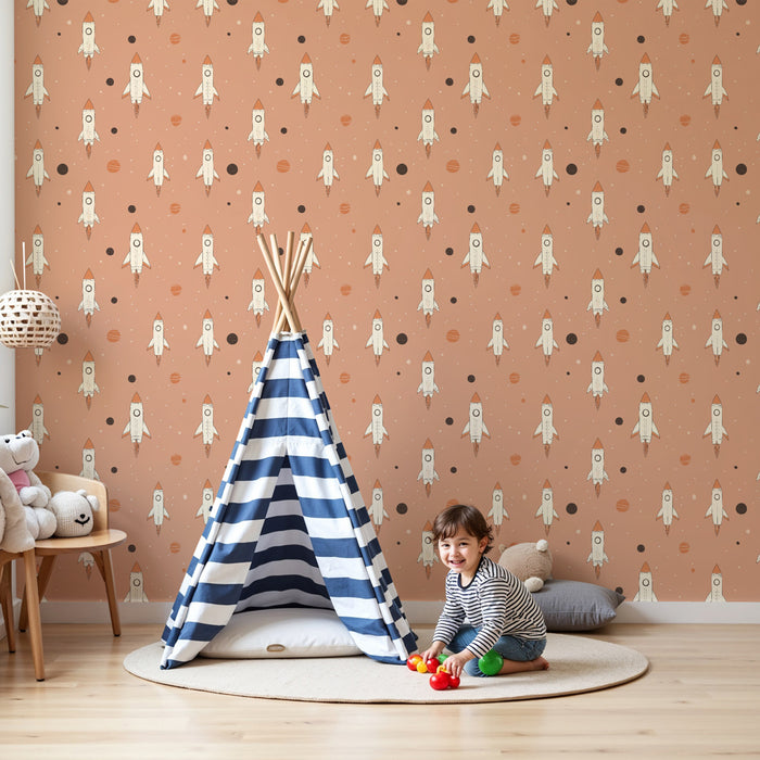 Papier peint chambre enfant à motifs | Fusées et planètes sur fond rose