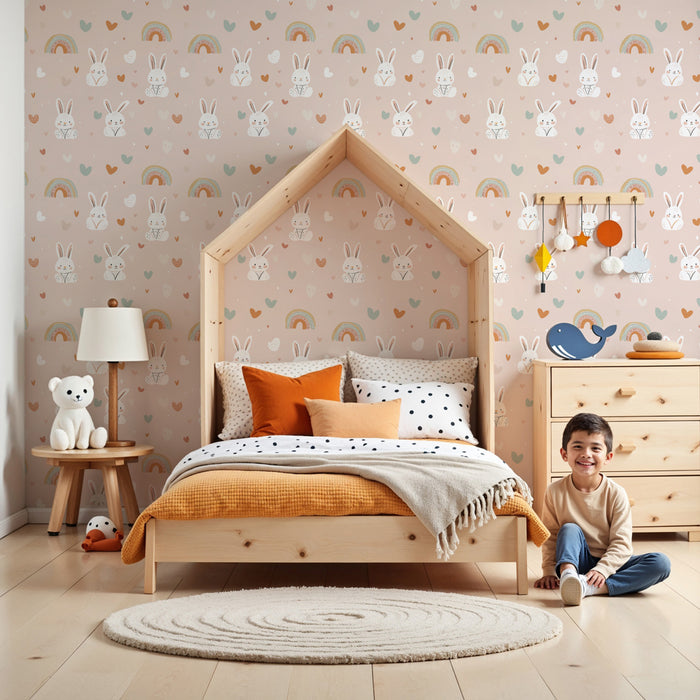 Papier peint chambre enfant à motifs | Lapins mignons et arcs-en-ciel colorés