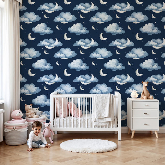 Papier peint chambre enfant à motifs | Nuages doux et lunes argentées sur fond nuit