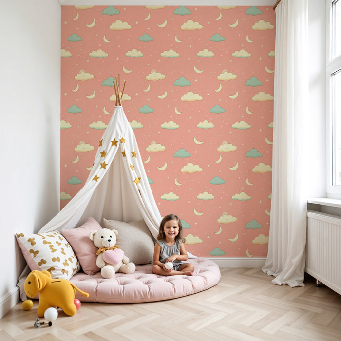 Papier peint chambre enfant à motifs | Nuages et croissants de lune sur fond rose