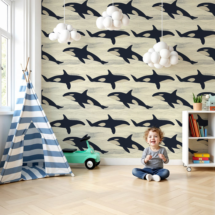 Papier peint chambre enfant à motifs | Orques dans des vagues apaisantes