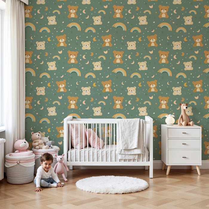 Papier peint chambre enfant à motifs | Oursons joyeux et arc-en-ciel coloré