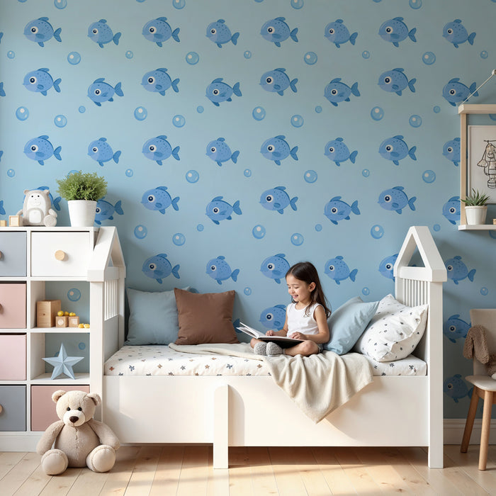 Papier peint chambre enfant à motifs | Petits poissons bleus dans des bulles d'eau
