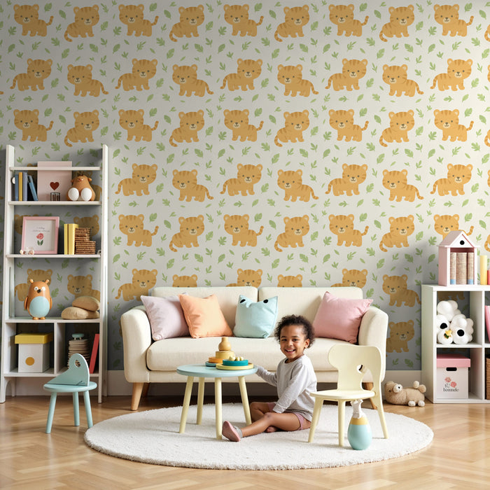 Papier peint chambre enfant à motifs | Petits tigres souriants sur fond doux