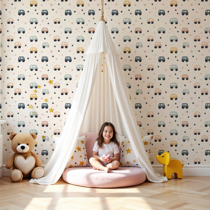 Papier peint chambre enfant à motifs | Petits véhicules colorés sur fond doux