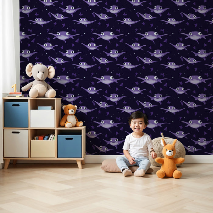 Papier peint chambre enfant à motifs | Poissons mignons sur fond violet étoilé
