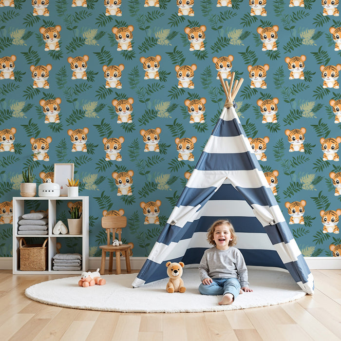 Papier peint chambre enfant à motifs | Tigres mignons entourés de feuillages