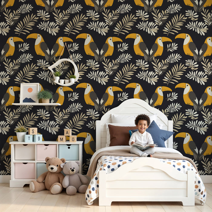 Papier peint chambre enfant à motifs | Toucans joyeux sur fond noir