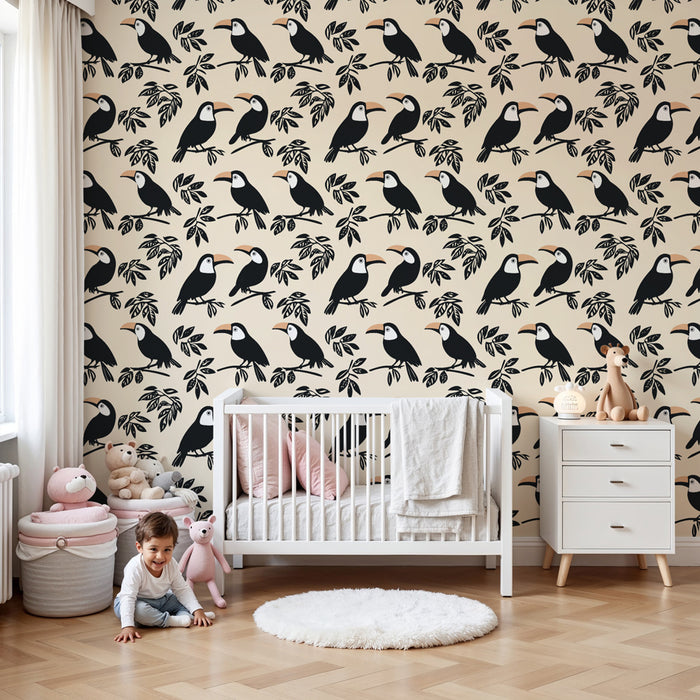 Papier peint chambre enfant à motifs | Toucans stylisés sur fond doux