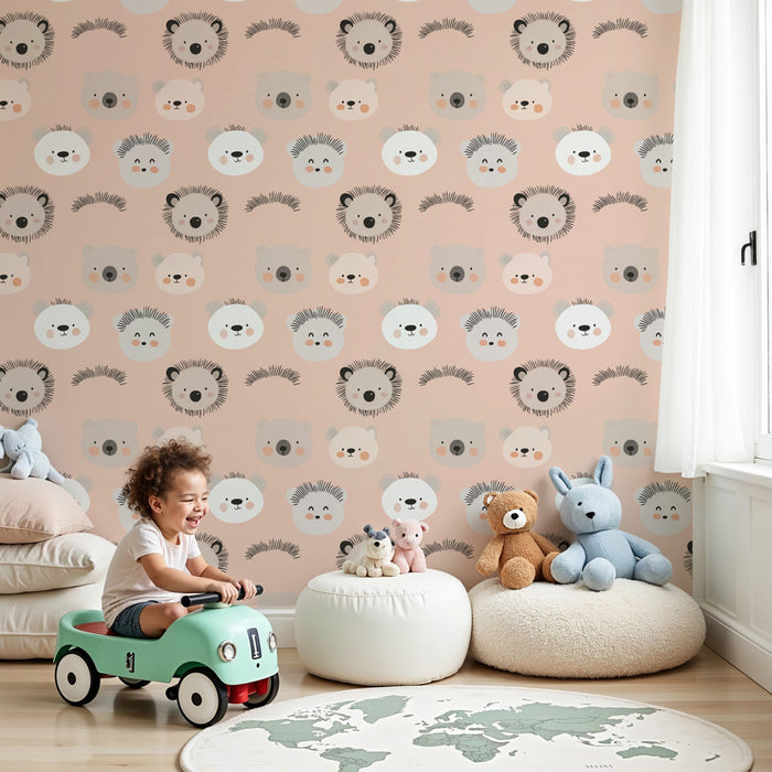 Papier peint chambre enfant à motifs | Visages d'animaux adorables sur fond rosé
