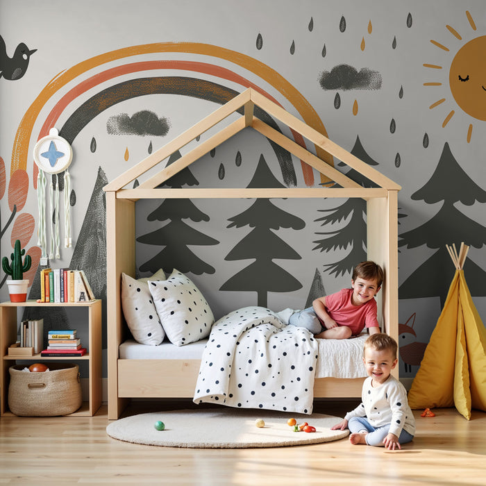 Papier peint chambre enfant | Forêt graphique sous la pluie joyeuse, arc-en-ciel et soleil malicieux