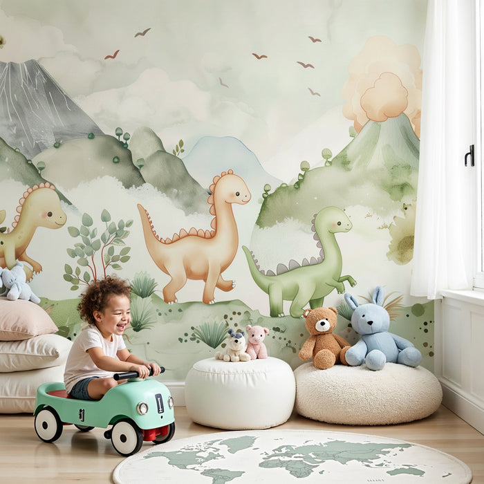 Papier peint chambre enfant | Petits dinosaures joyeux dans un paysage pastel de volcans et forêts