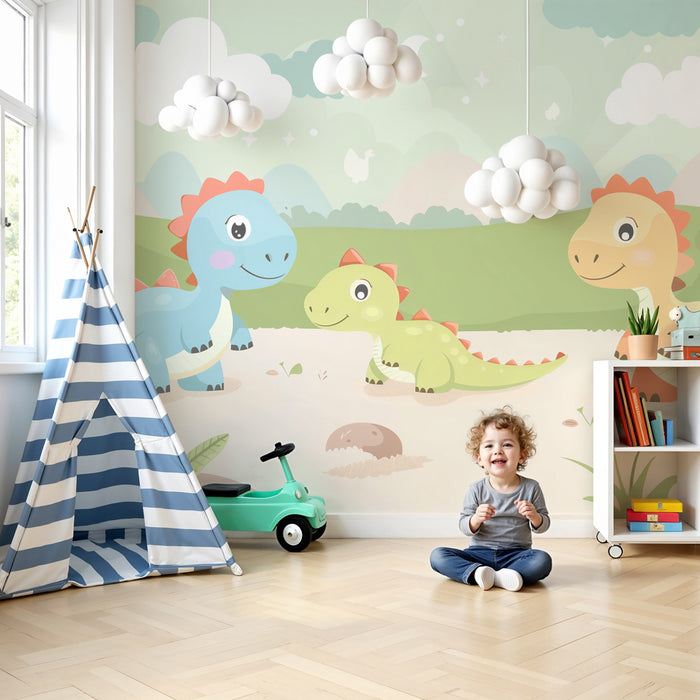 Papier peint chambre enfant | Petits dinosaures rigolos dans un paysage pastel enchanté