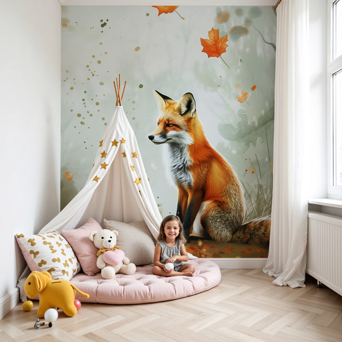 Papier peint chambre enfant | Renard majestueux dans la forêt d’automne aux feuilles dansantes