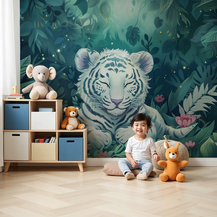 Papier peint chambre enfant | Tigre blanc apaisé dans une jungle lumineuse aux fleurs féeriques