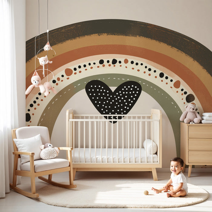 Papier peint chambre bébé | Arc-en-ciel bohème aux tons terre avec cœur graphique