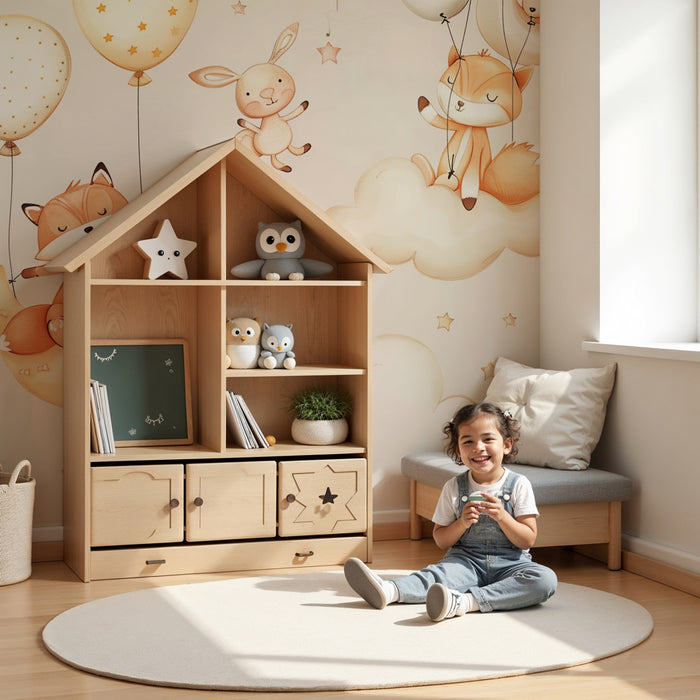 Papier peint chambre bébé | Renards et lapins dans un ciel onirique, douceur et poésie