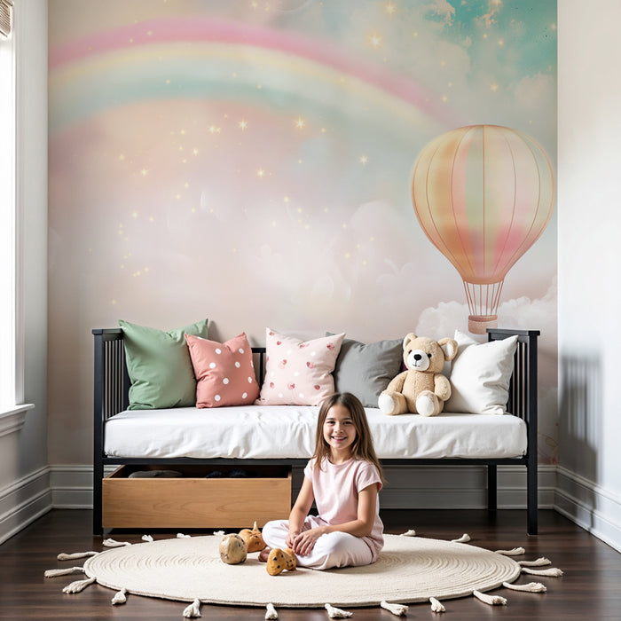 Papier peint chambre bébé | Rêverie féerique avec montgolfières et arc-en-ciel scintillant