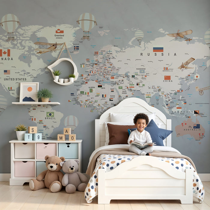 Papier peint chambre enfant | Carte du monde avec drapeaux, montgolfières et avions vintage