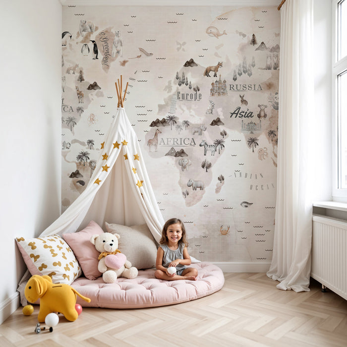 Papier peint chambre enfant | Carte du monde vintage avec animaux et paysages en aquarelle